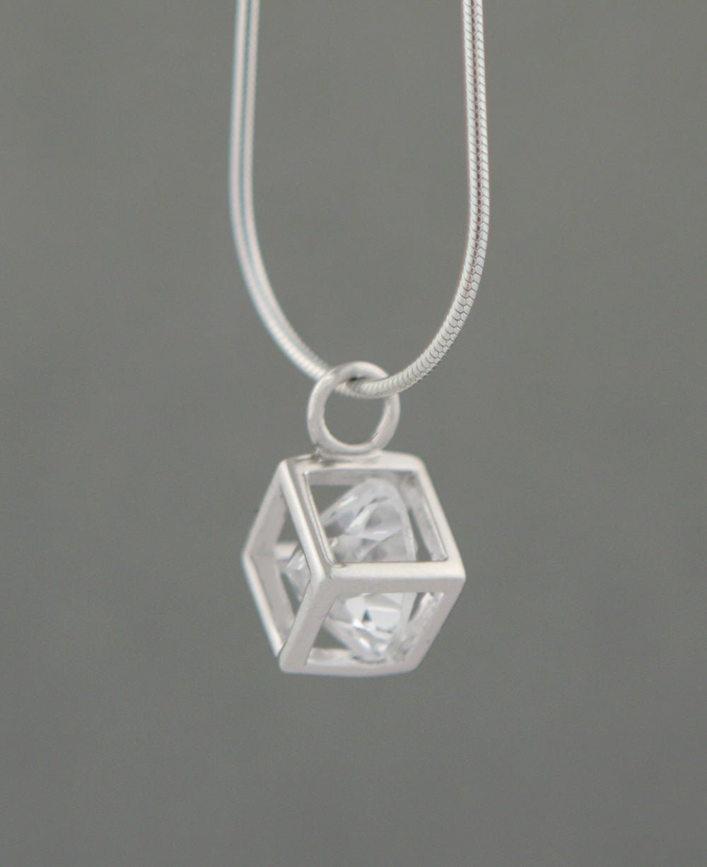 Sterling Silver Cube Pendant with Clear Quartz Gemstone - -