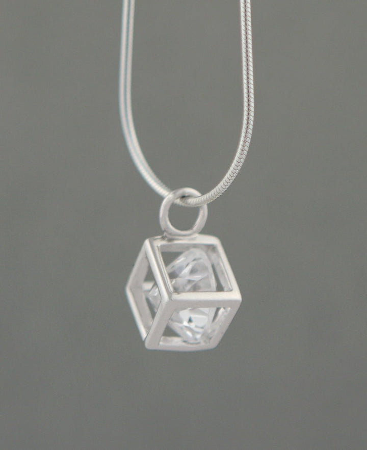 Sterling Silver Cube Pendant with Clear Quartz Gemstone - -