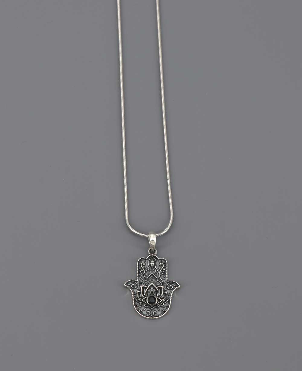Sterling Silver Divine Protection Hamsa Hand Necklace - Necklaces