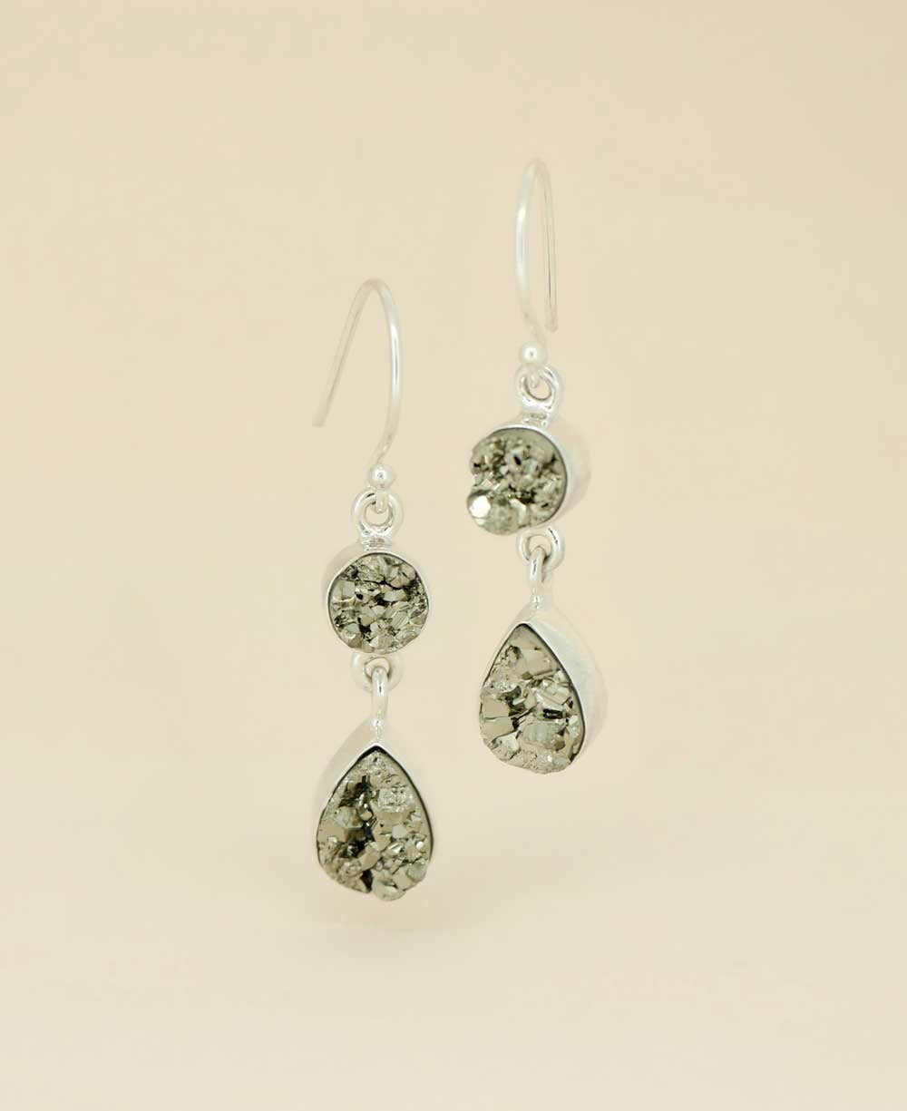 Sterling Silver Dual Pyrite Gemstone Dangle Earrings - Earrings