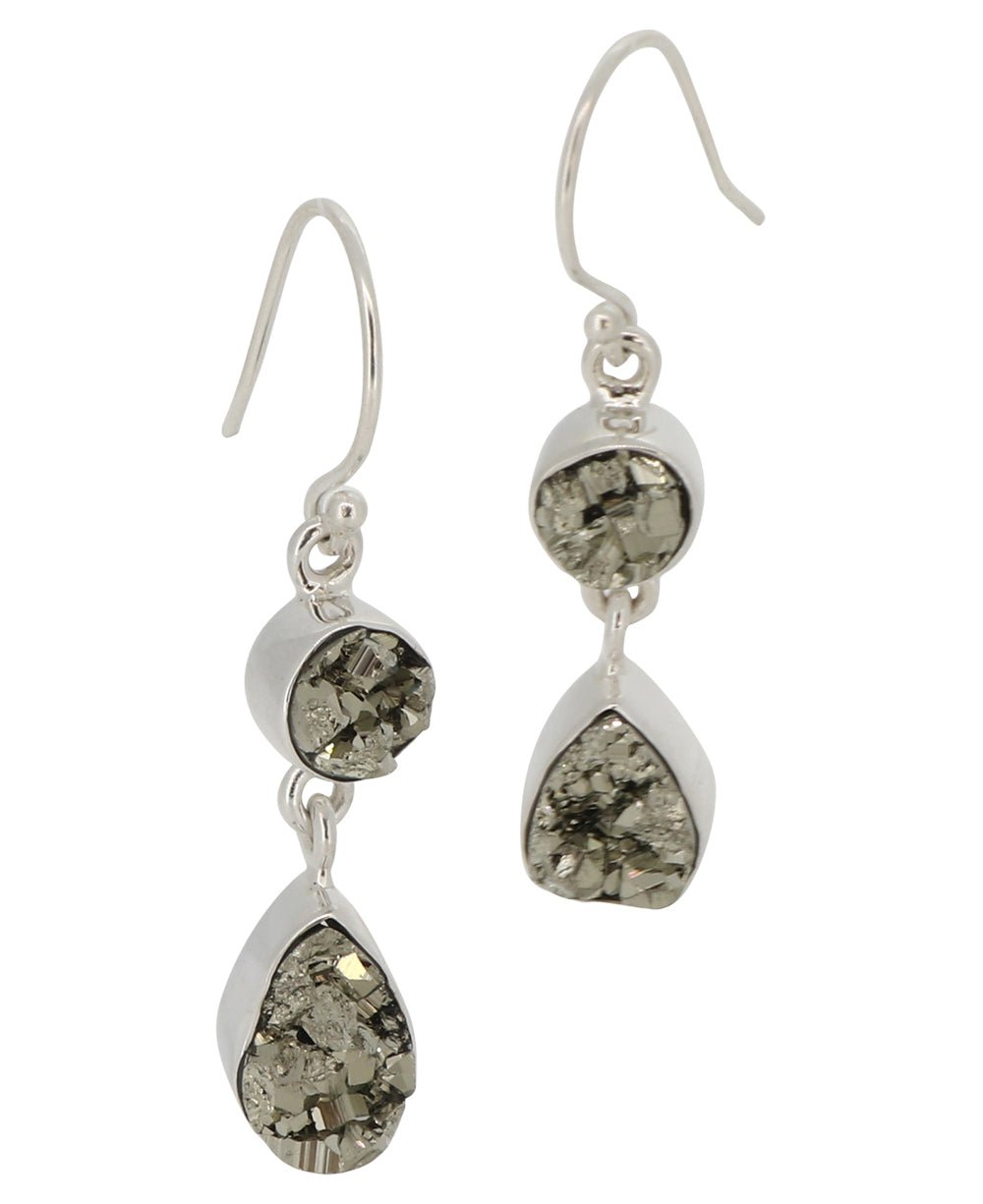 Sterling Silver Dual Pyrite Gemstone Dangle Earrings - Earrings