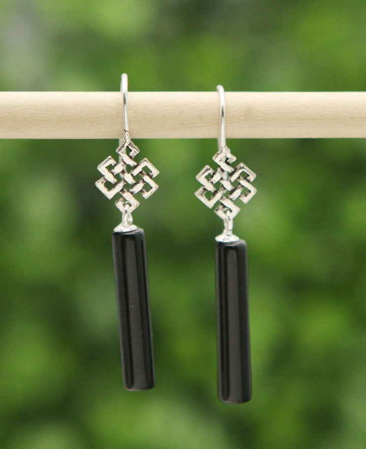 Sterling Silver Endless Knot Earrings with Black Onyx - Jewelry - -