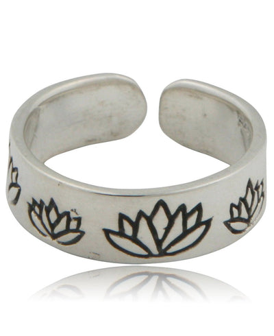 Sterling Silver Engraved Lotus Ring, Adjustable by Buddha Groove - -