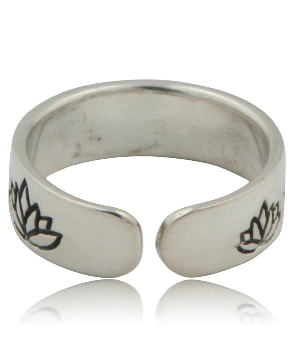 Sterling Silver Engraved Lotus Ring, Adjustable by Buddha Groove - -