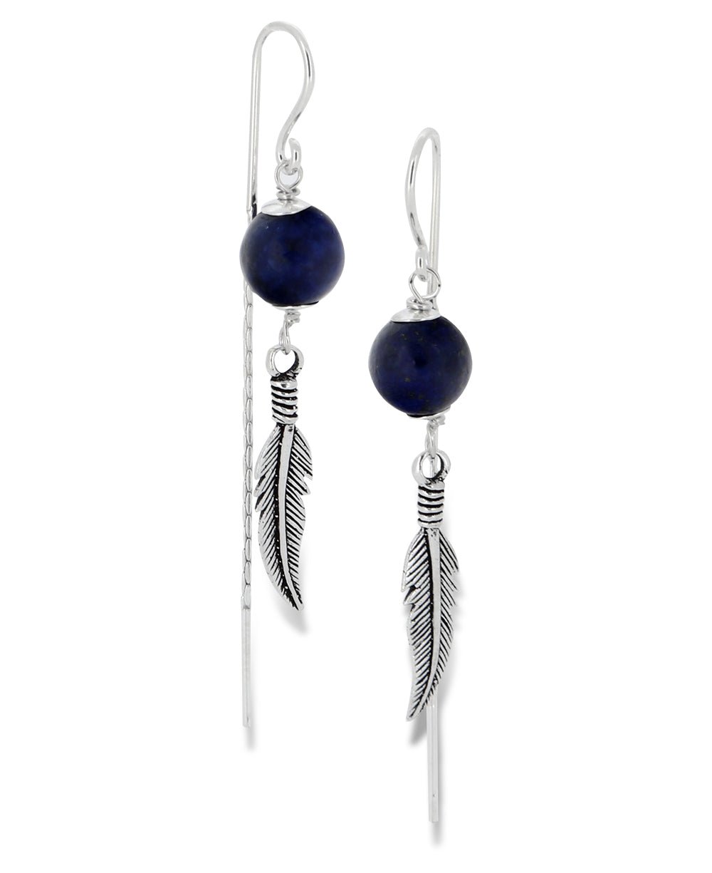 Sterling Silver Feather Lapis Threader Earrings - Earrings - -