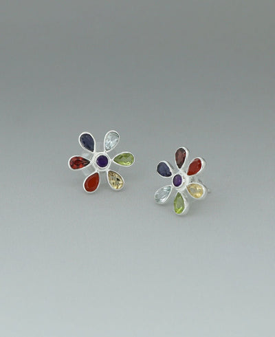Sterling Silver Floral Design Chakra Stud Earrings - Earrings