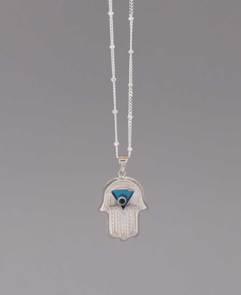 Sterling Silver Hamsa & Evil Eye Necklace - Necklaces