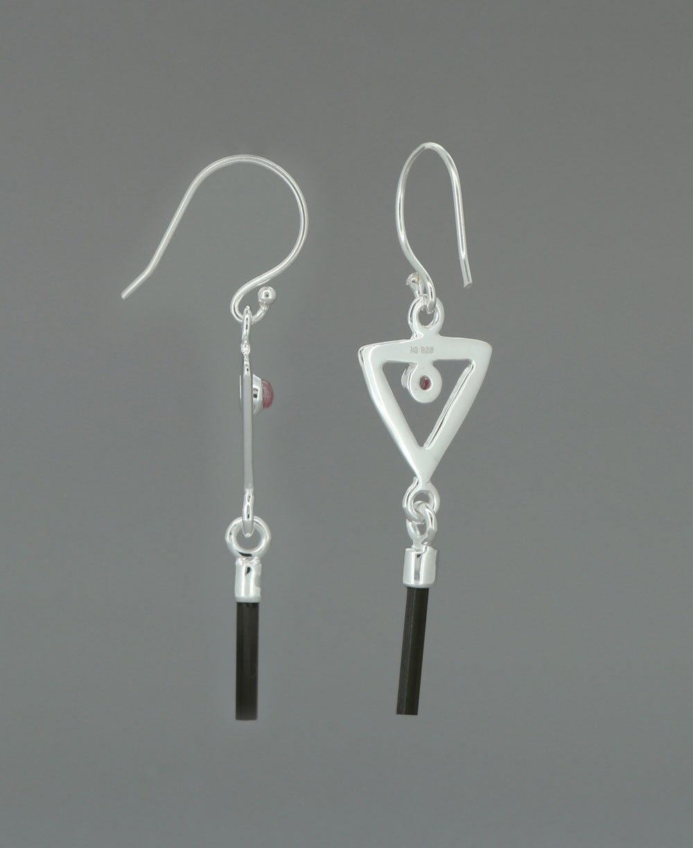 Sterling Silver Inverted Delta Shakti Earrings with Pink and Green Tourmaline - Earrings