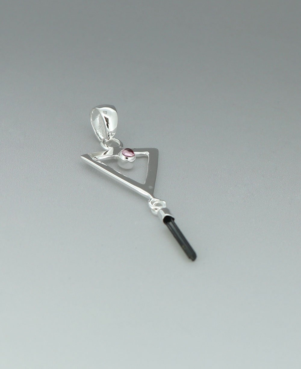 Sterling Silver Inverted Delta Shakti Pendant with Pink and Green Tourmaline - Charms & Pendants