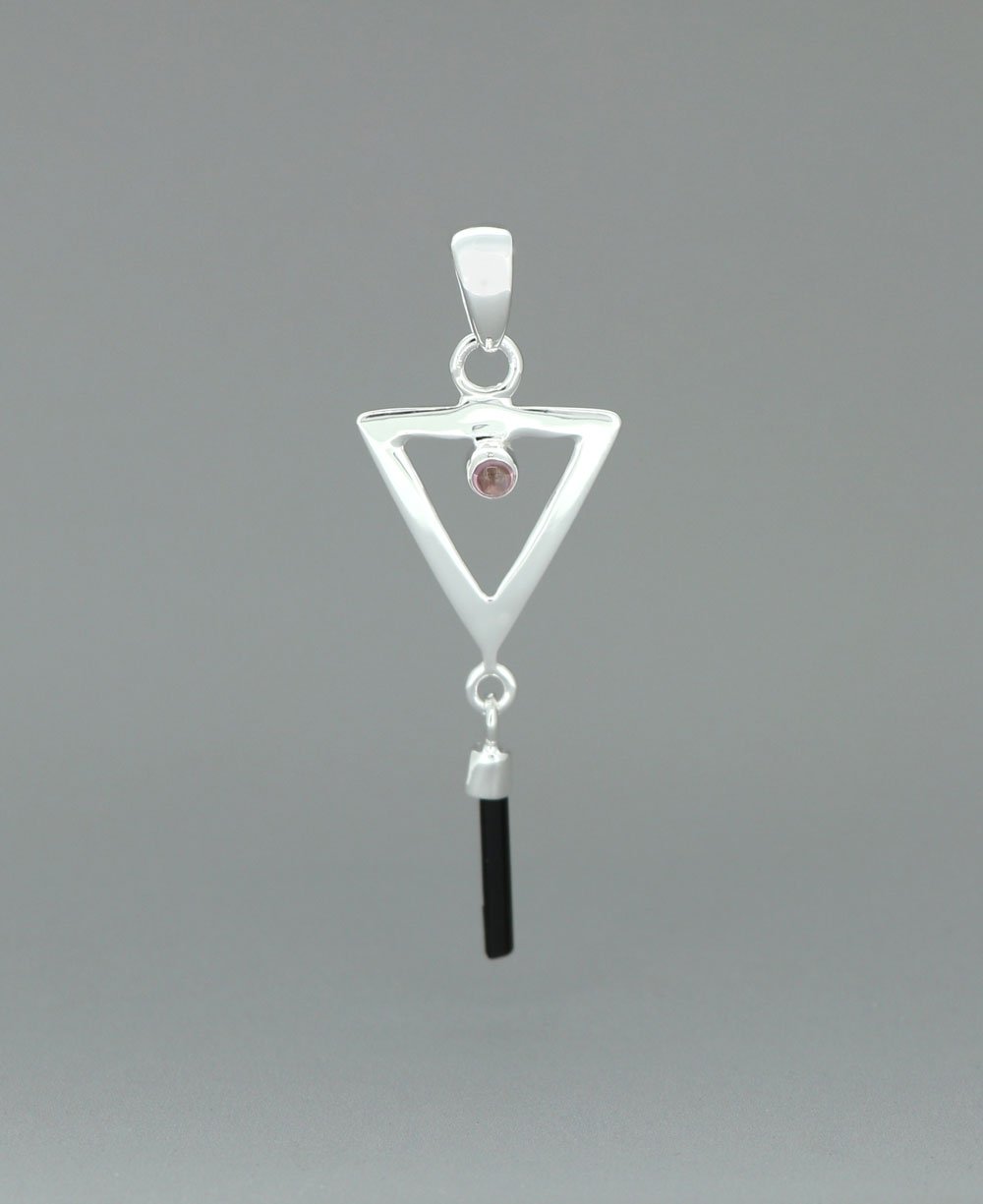 Sterling Silver Inverted Delta Shakti Pendant with Pink and Green Tourmaline - Charms & Pendants