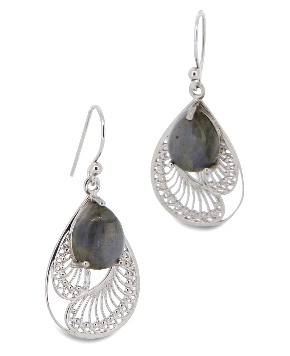 Sterling Silver Labradorite Earrings in Feather Design - Earrings