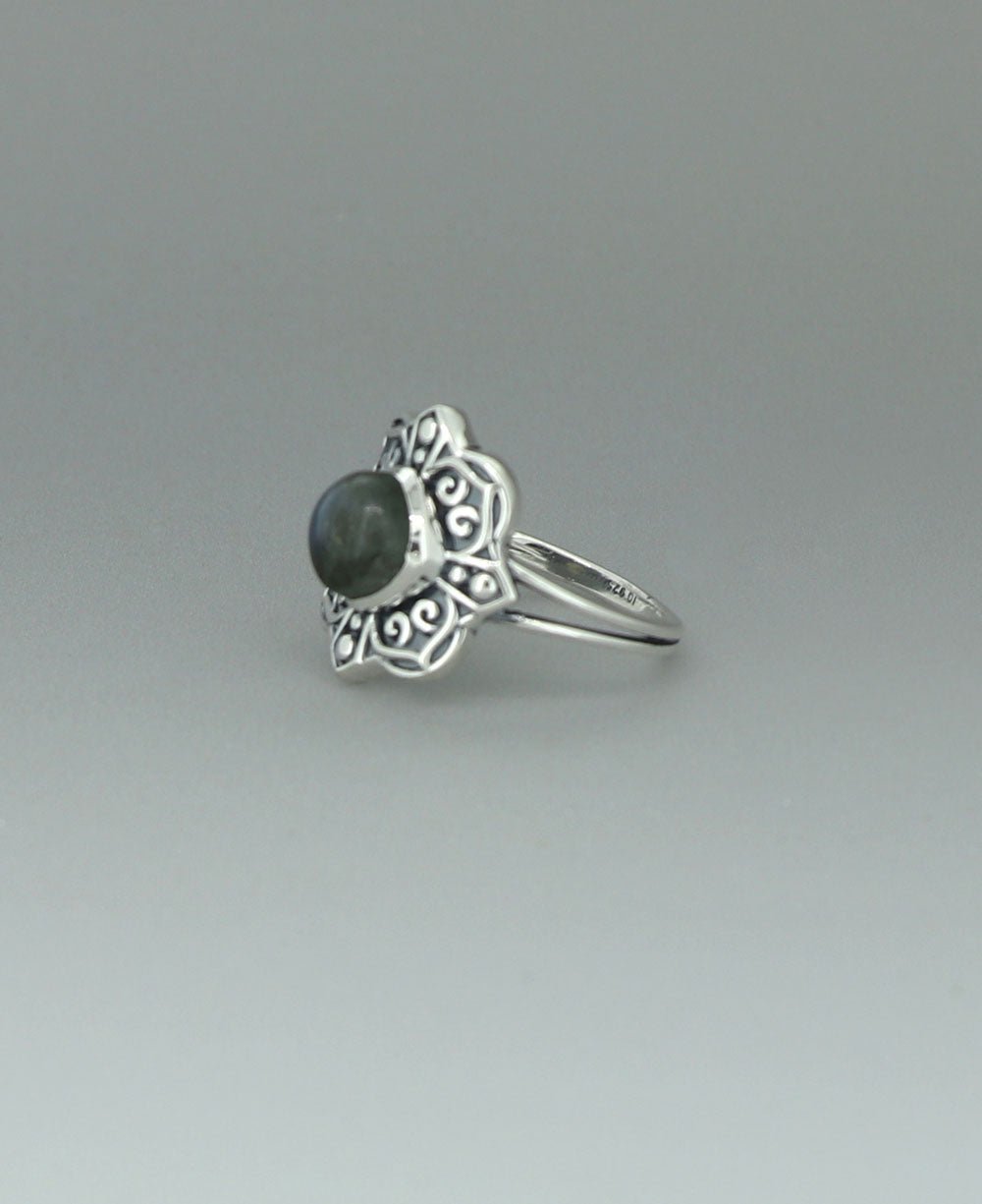 Sterling Silver Labradorite Ring with Lotus Mandala Design - Rings 6