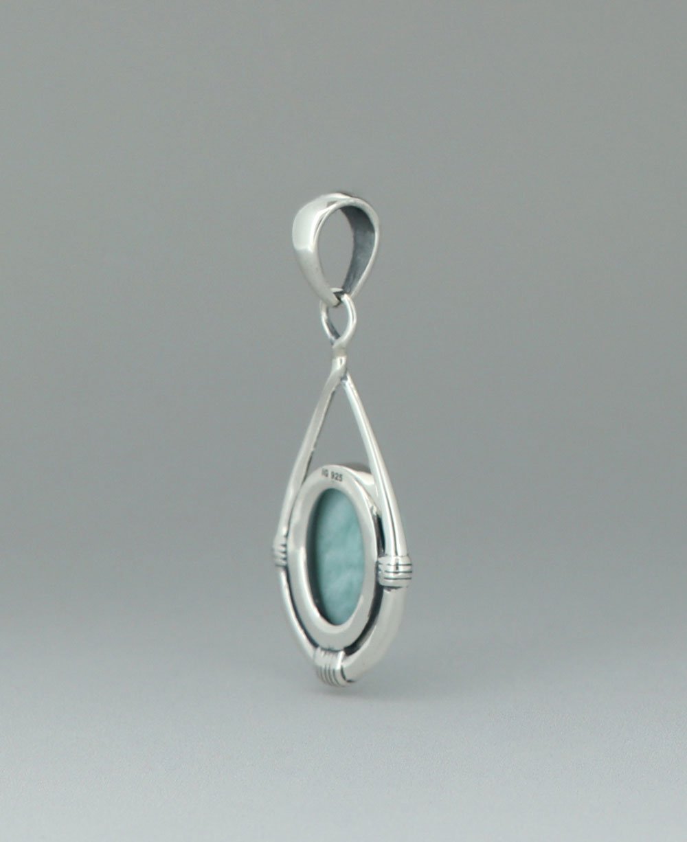 Sterling Silver Larimar Oval Pendant with Teardrop Twist Frame - Charms & Pendants