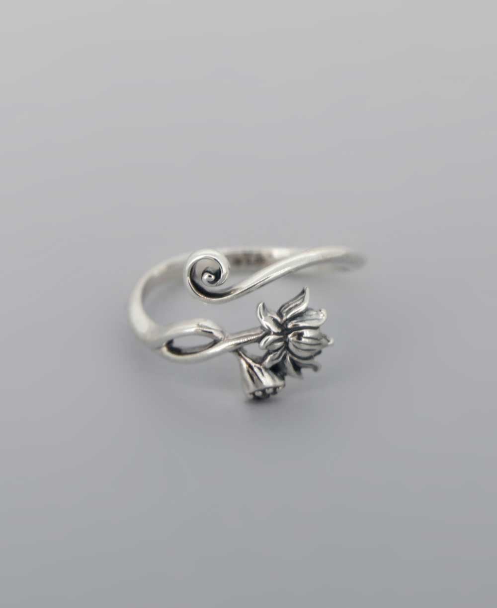 Sterling Silver Lotus Adjustable Ring - Rings