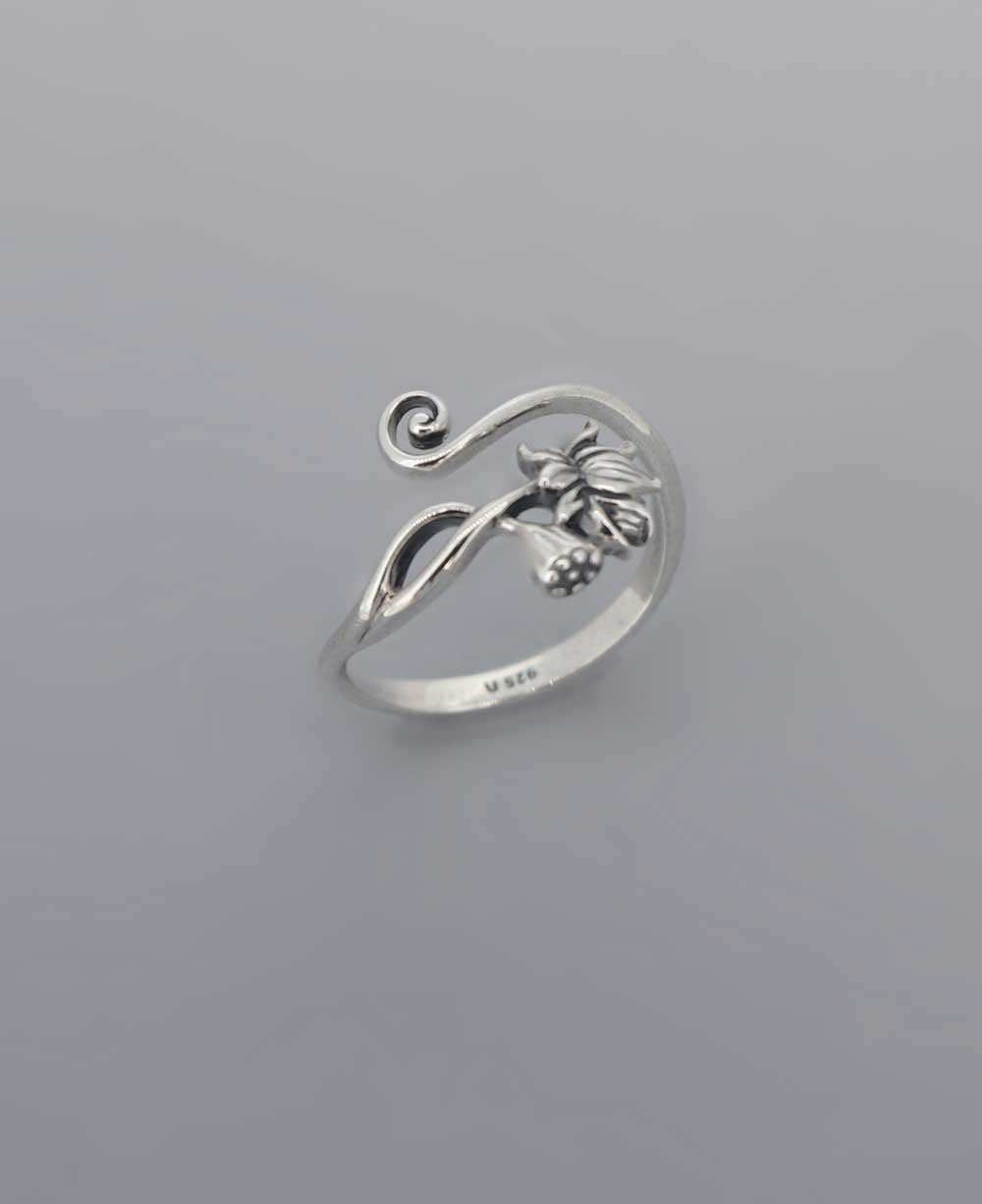 Sterling Silver Lotus Adjustable Ring - Rings
