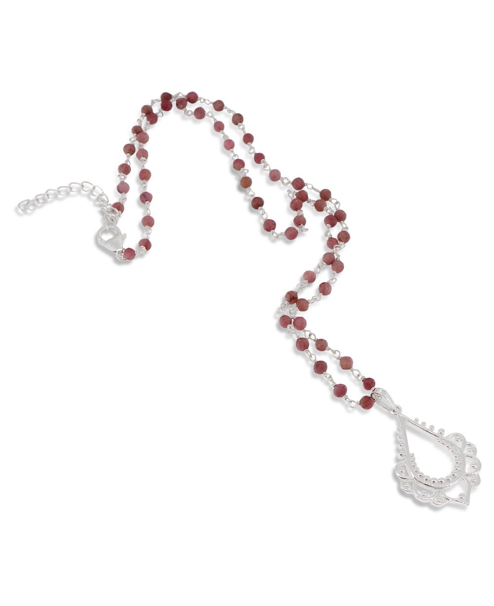 Sterling Silver Lotus and Rhodonite Bead Necklace - Necklaces