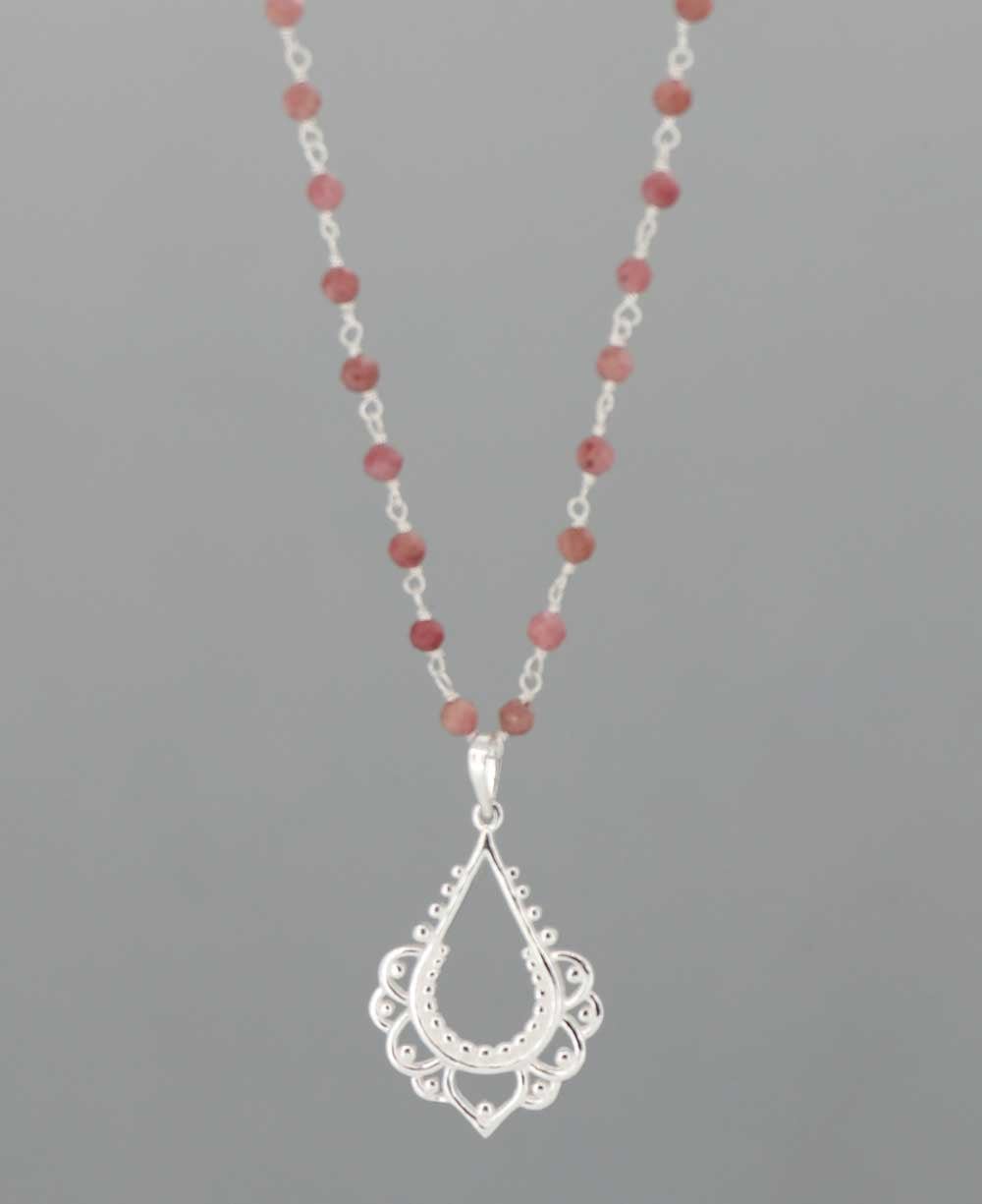 Sterling Silver Lotus and Rhodonite Bead Necklace - Necklaces