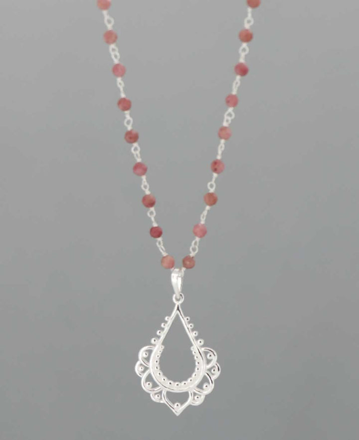 Sterling Silver Lotus and Rhodonite Bead Necklace - Necklaces