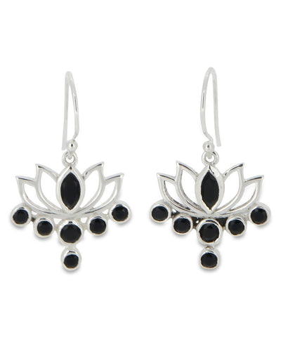 Sterling Silver Lotus Black Onyx Earrings - Earrings