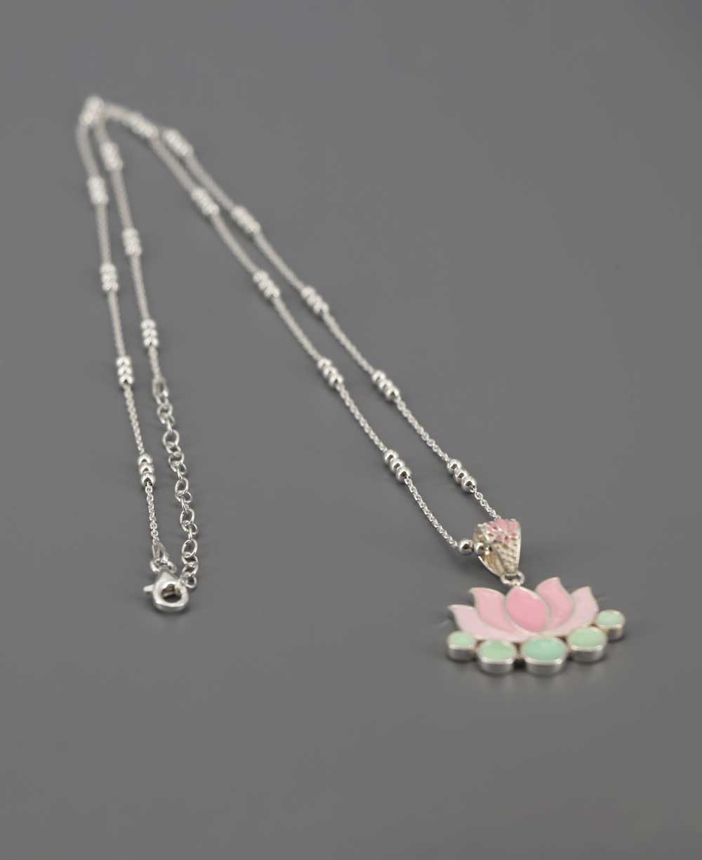 Sterling Silver Lotus Necklace with Enamel Work - Necklaces 16+2 Inches