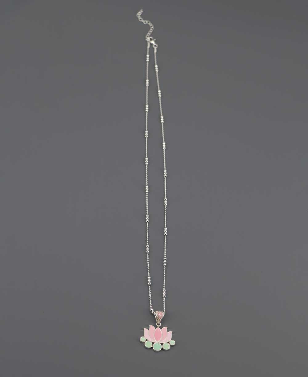 Sterling Silver Lotus Necklace with Enamel Work - Necklaces 16+2 Inches