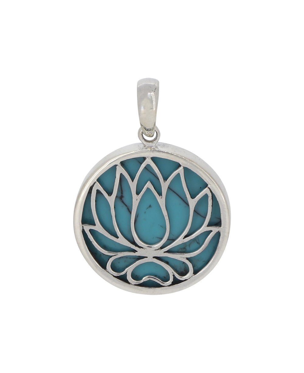 Sterling Silver Lotus Pendant with Reconstituted Turquoise - Charms & Pendants