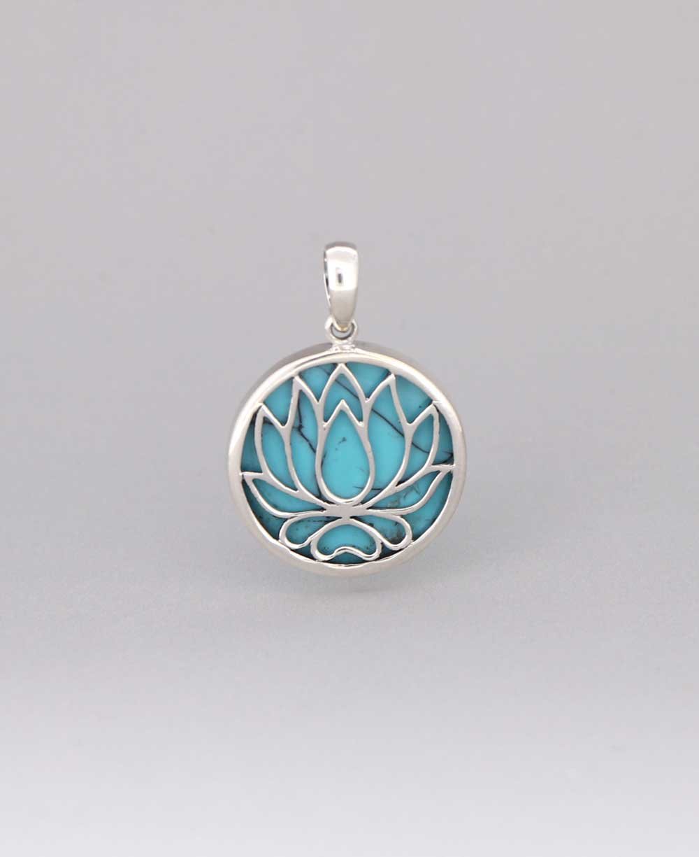 Sterling Silver Lotus Pendant with Reconstituted Turquoise - Charms & Pendants