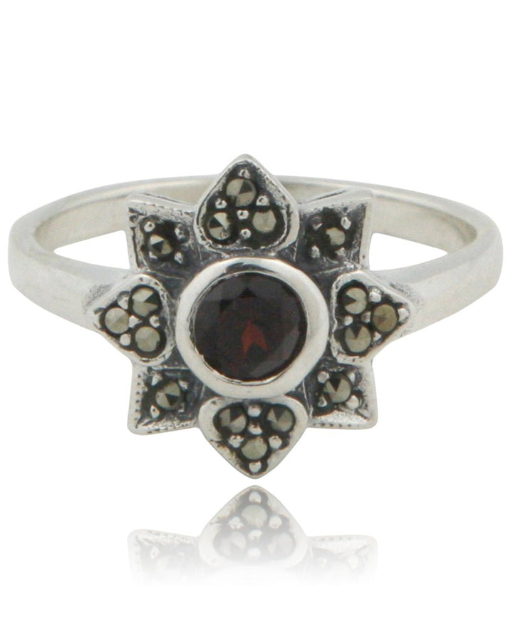 Sterling Silver Lotus Ring with Marcasite and Garnet - Rings Size 6