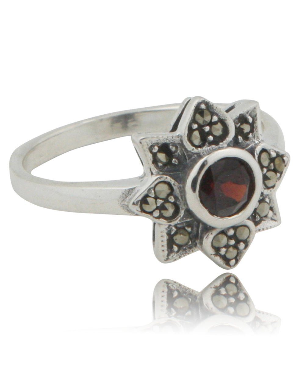 Sterling Silver Lotus Ring with Marcasite and Garnet - Rings Size 6