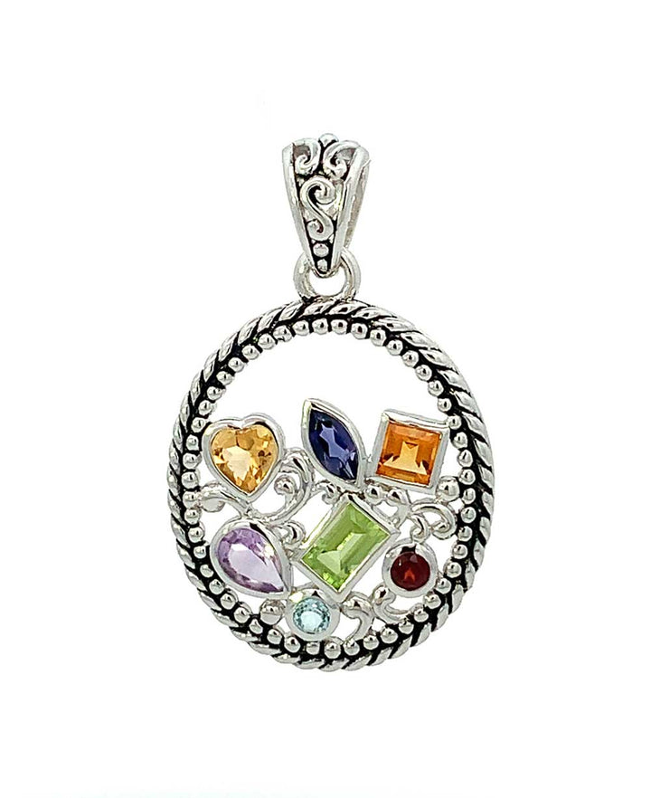 Sterling Silver Mixed Geometry Oval Chakra Rainbow Pendant - Charms & Pendants
