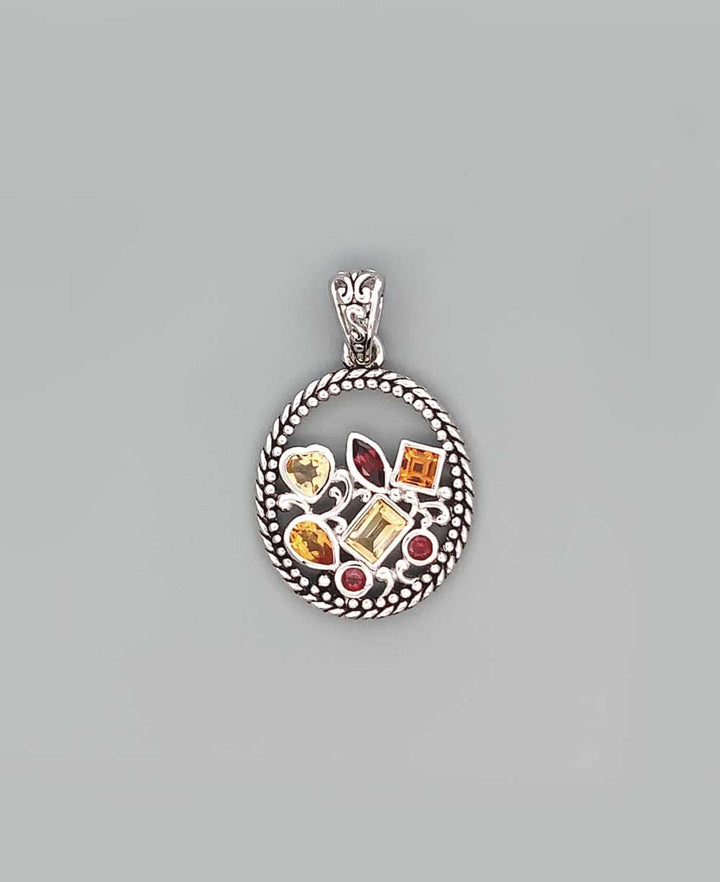 Sterling Silver Mixed Geometry Oval Gemstone Pendant - Charms & Pendants