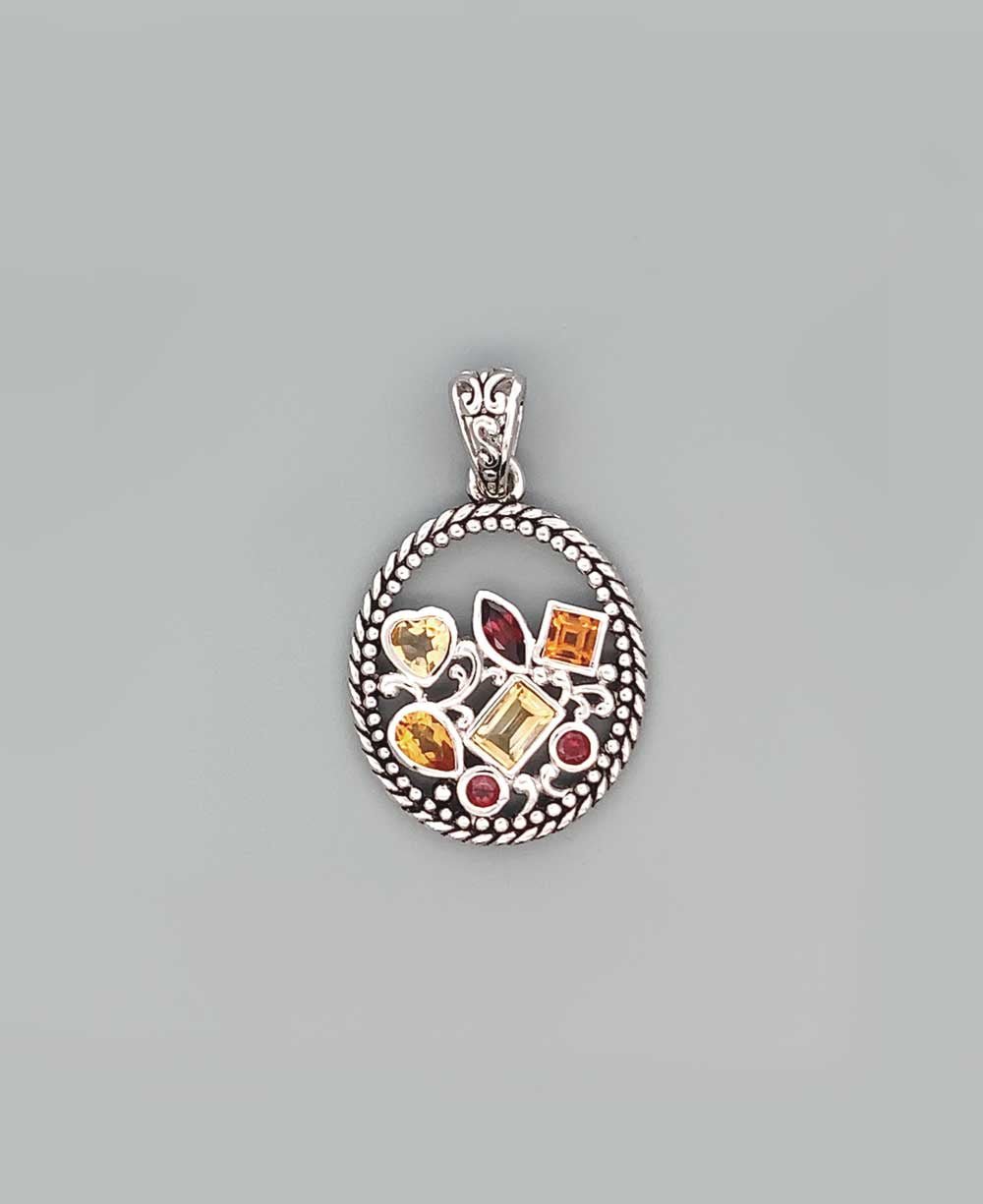 Sterling Silver Mixed Geometry Oval Gemstone Pendant - Charms & Pendants