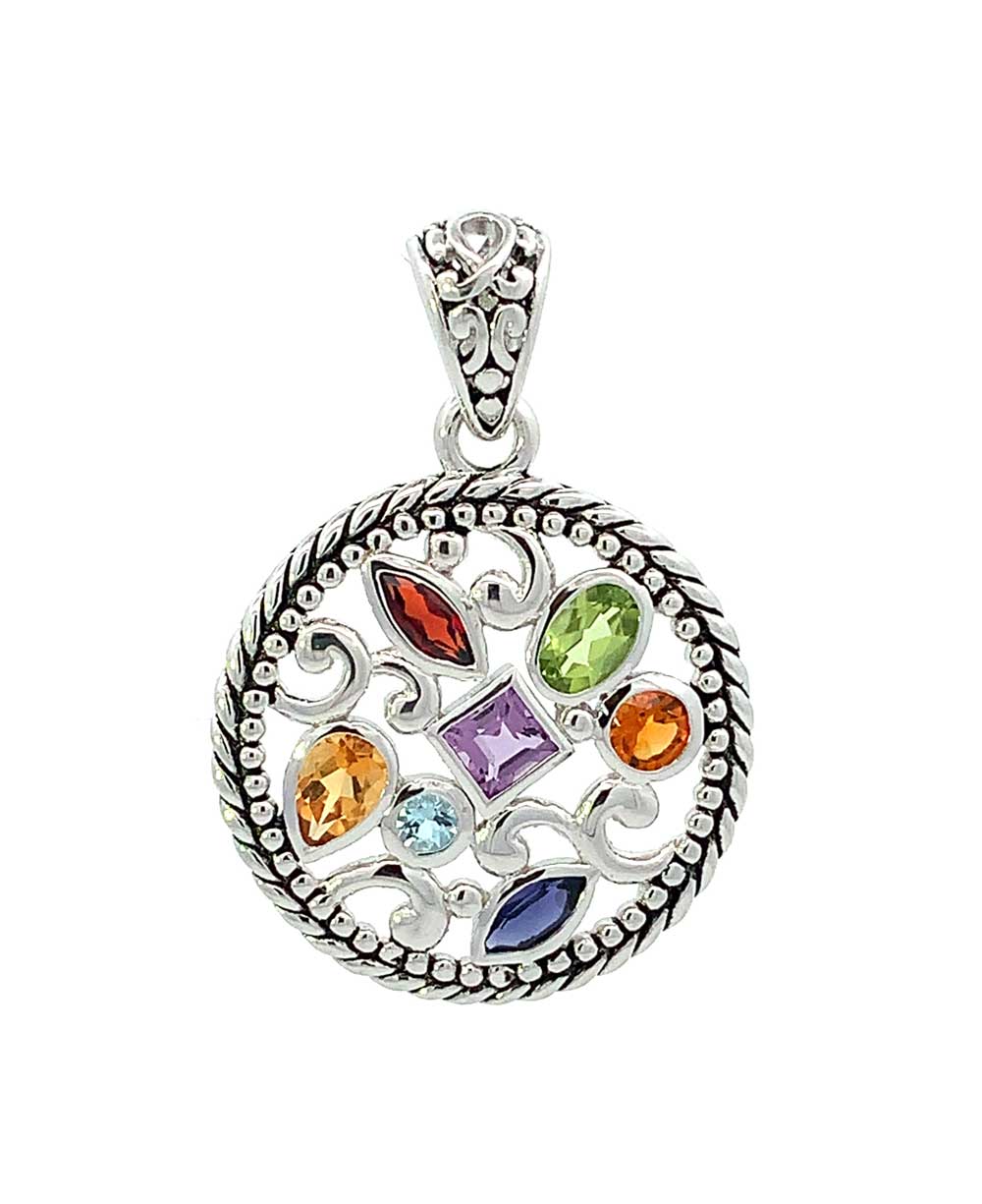 Sterling Silver Mixed Geometry Round Chakra Rainbow Pendant - Charms & Pendants