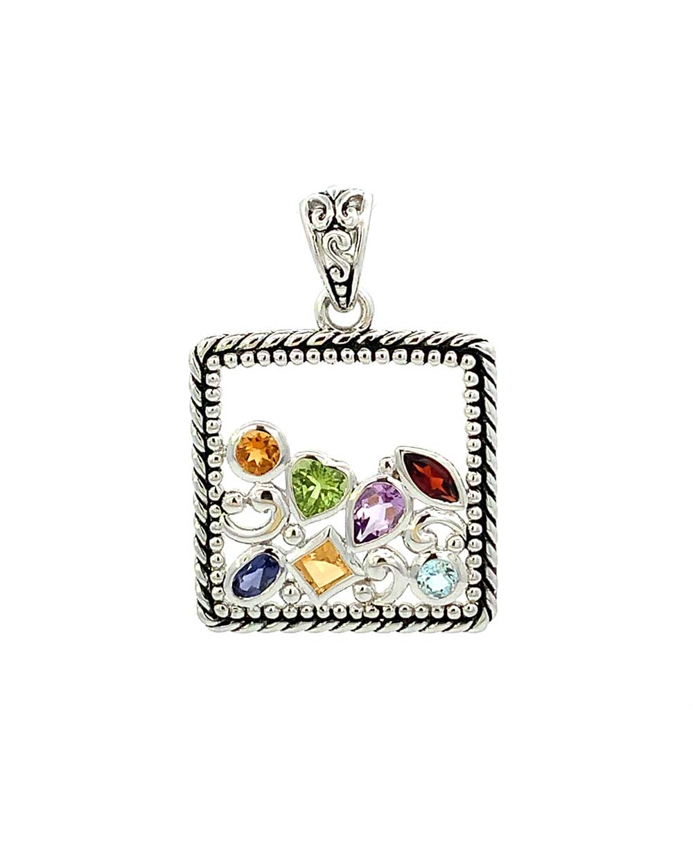 Sterling Silver Mixed Geometry Square Chakra Rainbow Pendant - Charms & Pendants