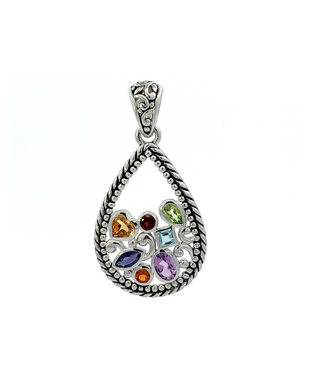 Sterling Silver Mixed Geometry Teardrop Chakra Rainbow Pendant - Charms & Pendants