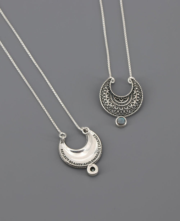 Sterling Silver Moon Phase Mandala Art Gemstone Inspirational Necklace - Necklaces Labradorite
