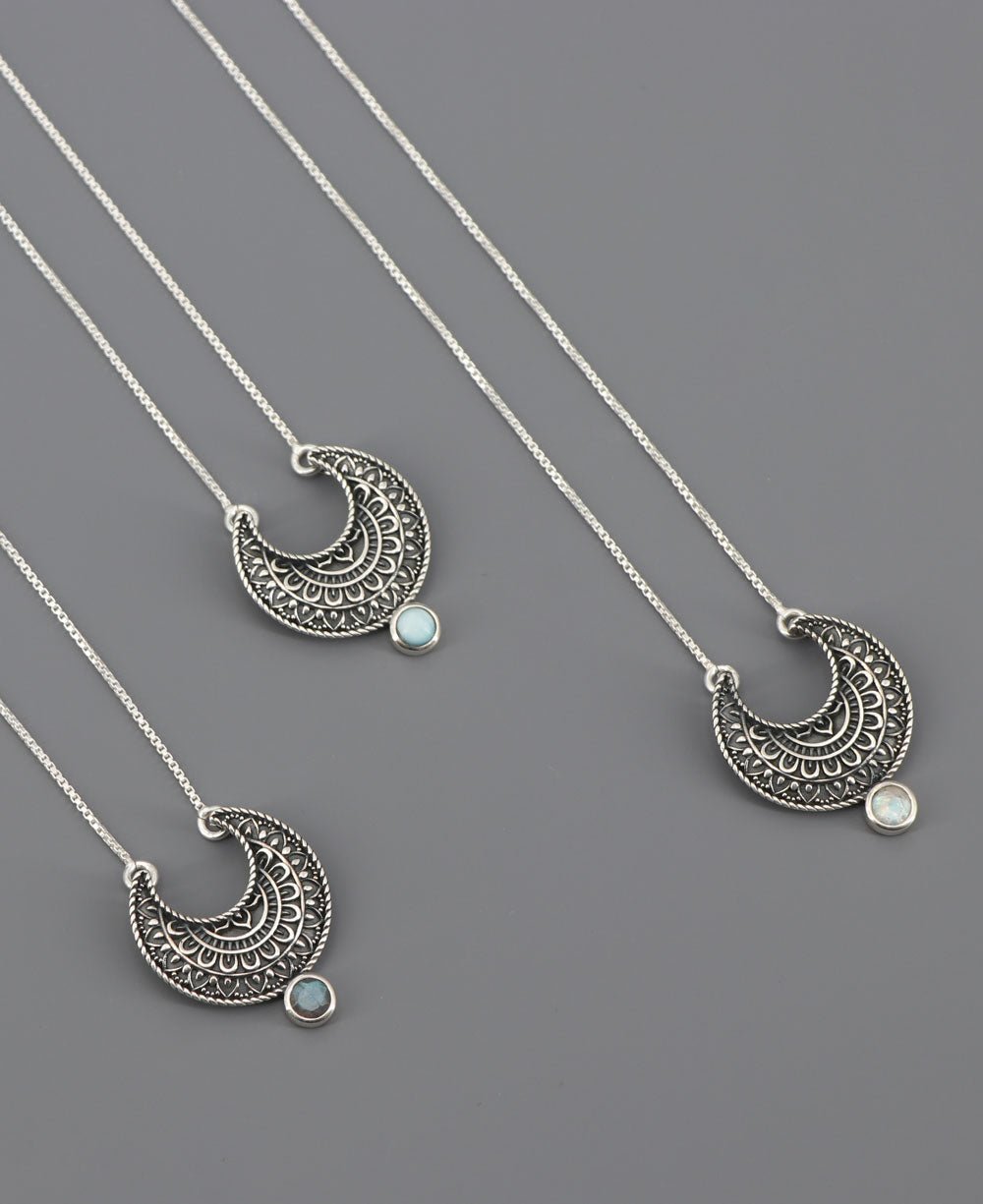 Sterling Silver Moon Phase Mandala Art Gemstone Inspirational Necklace - Necklaces Larimar
