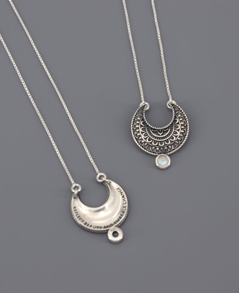 Sterling Silver Moon Phase Mandala Art Gemstone Inspirational Necklace - Necklaces Moonstone