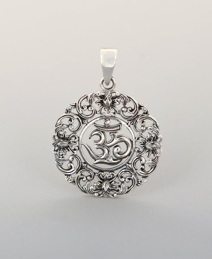 Sterling Silver Om Pendant in Floral Design - Charms & Pendants