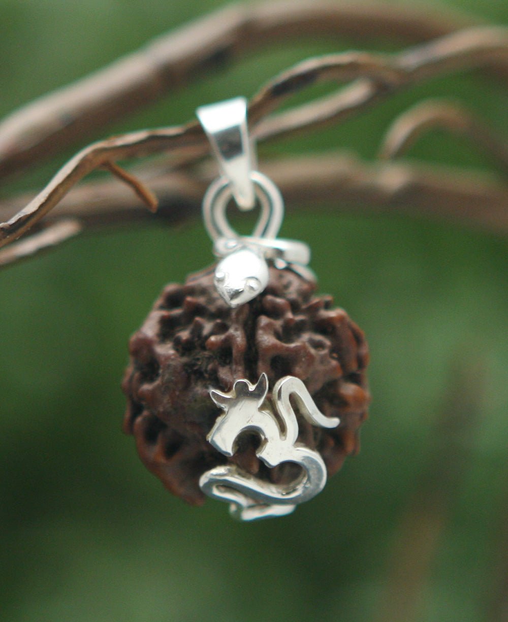 Sterling Silver Om Pendant with Rudraksha Seed - Charms & Pendants