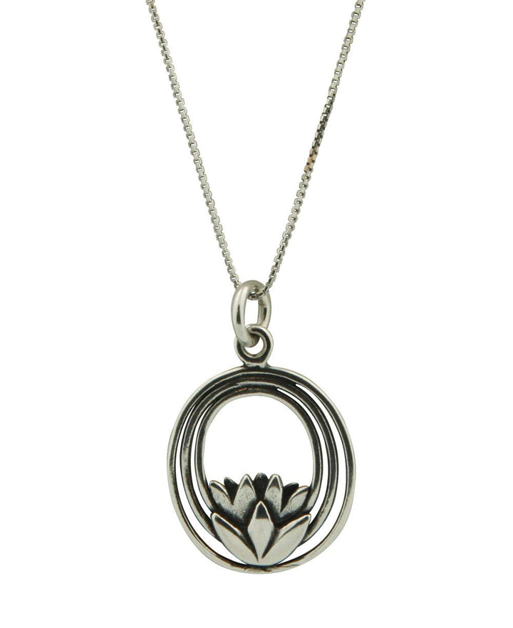 Sterling Silver Oval Lotus Pendant Necklace - Necklaces