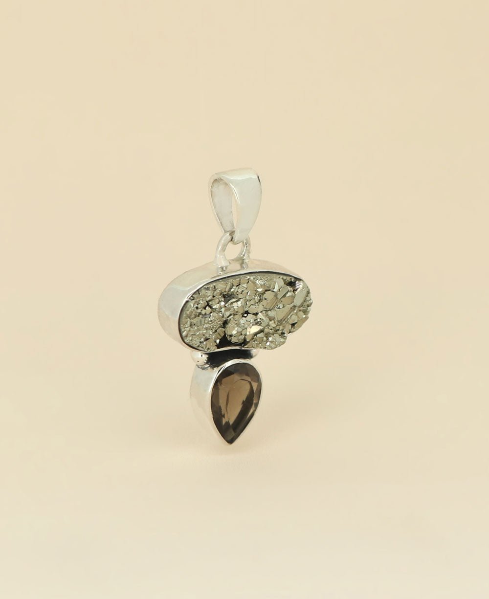 Sterling Silver Pyrite and Smoky Quartz Gemstone Pendant - Charms & Pendants