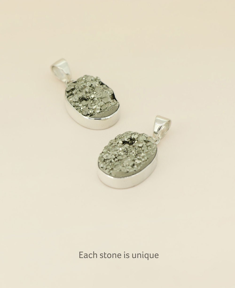 Sterling Silver Pyrite Cluster Gemstone Pendant - Charms & Pendants