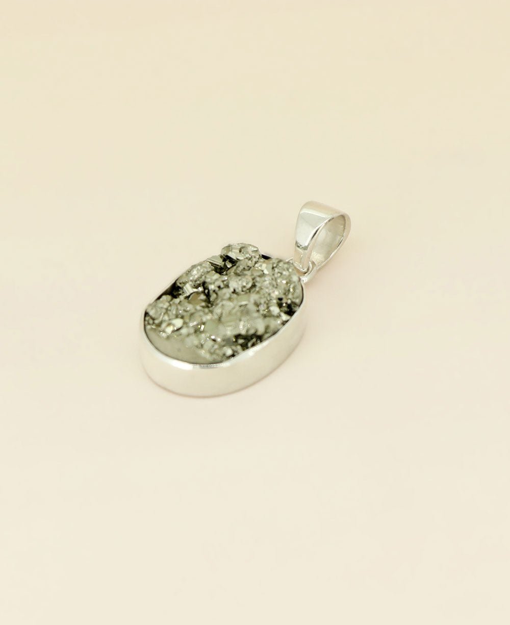 Sterling Silver Pyrite Cluster Gemstone Pendant - Charms & Pendants