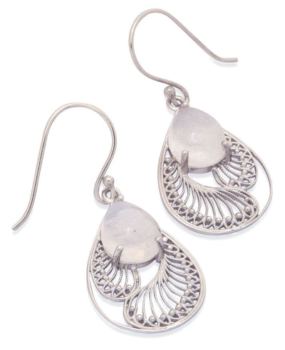 Sterling Silver Rainbow Moonstone Earrings in Feather Design - Earrings