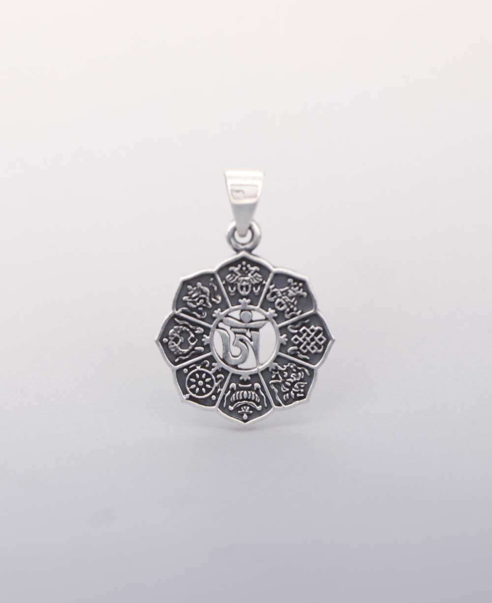 Sterling Silver Tibetan Om Pendant with Auspicious Symbols - Charms & Pendants