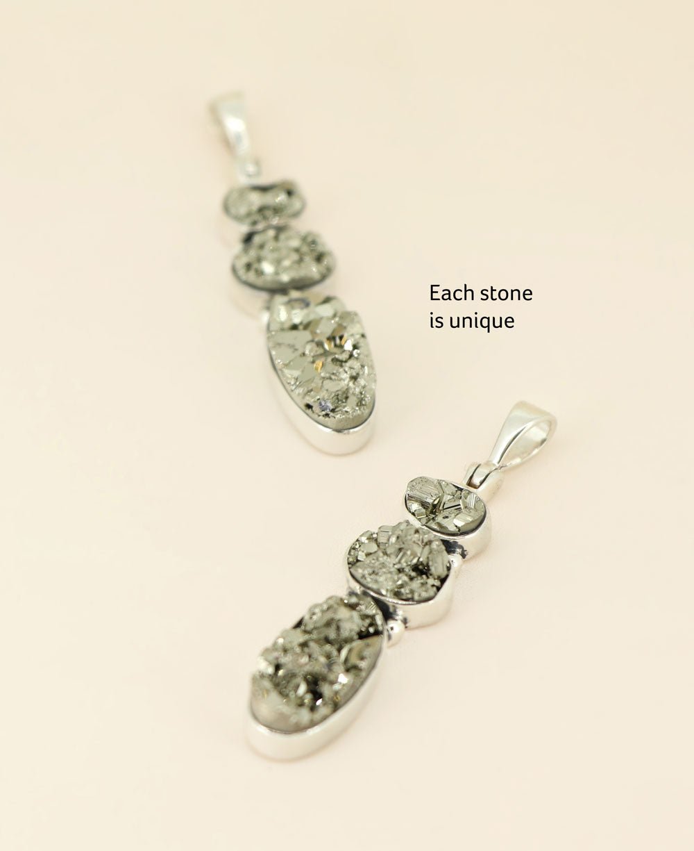 Sterling Silver Triple Stone Pyrite Cluster Gemstone Pendant - Charms & Pendants