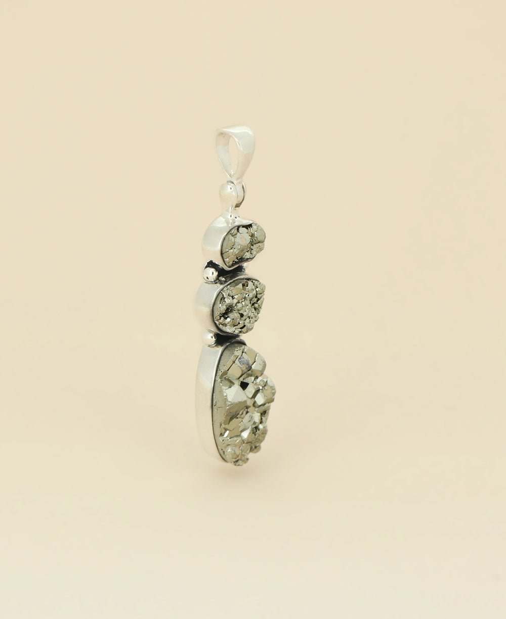 Sterling Silver Triple Stone Pyrite Cluster Gemstone Pendant - Charms & Pendants