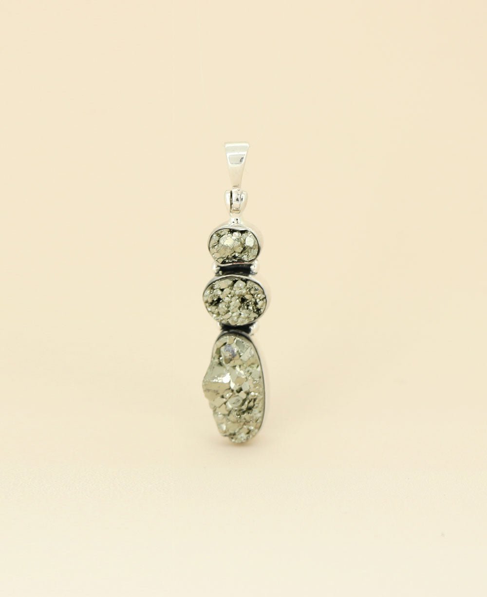 Sterling Silver Triple Stone Pyrite Cluster Gemstone Pendant - Charms & Pendants
