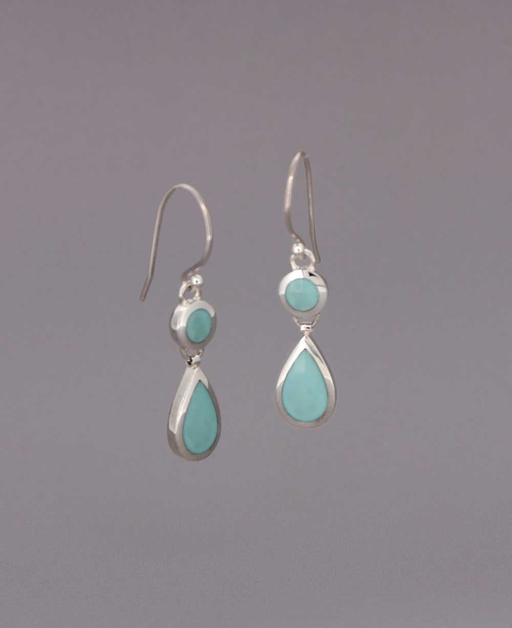 Sterling Silver Turquoise Dangle Earrings with Round and Teardrop Inlays - Earrings